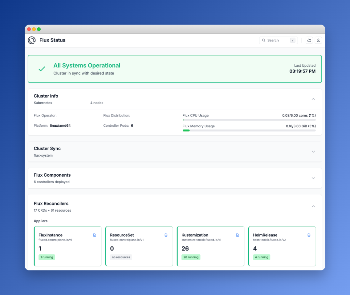 Flux Operator Web UI showing cluster status, sync state, and reconcilers
